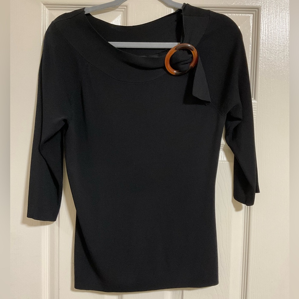 Chic Black Women's Blouse with Wooden Ring Accent